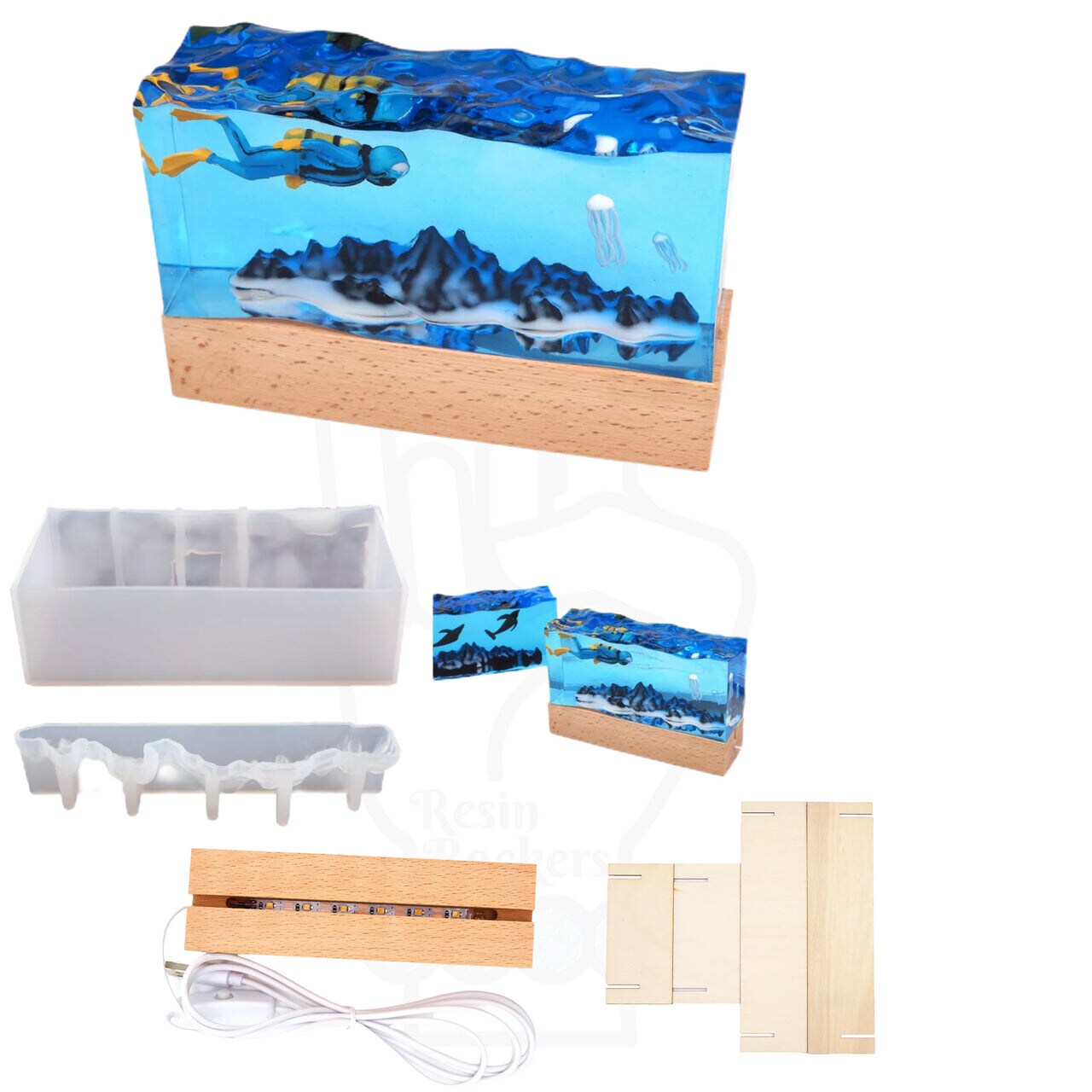 Deep Sea Adventure Mold Kit with USB Wooden Lighted Base for Epoxy Resin Art